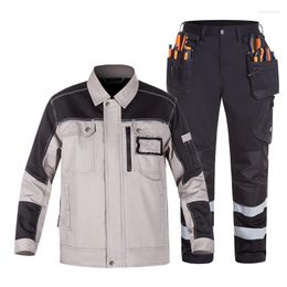 Men's Tracksuits 2 PCS Cotton Multi-pockets Cargo Work Trousers With Reflective Stripes Working Workpants Workwear Jacket