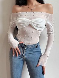 Women's T Shirts Y2K Beaded Mesh Off Shoulder Long Sleeve Shirt Sexy See Through Backless Crop Tops Streetwear Ruched 2023