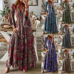 Casual Dresses Elegant Bohemian Long Dress Fashion Cashew Flower Print V-neck Flared Sleeve Party Maxi Autumn Ruffle Vacation Vestidos