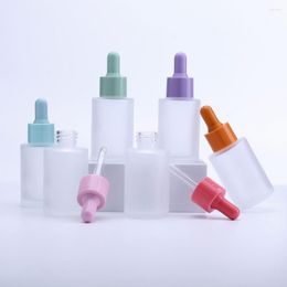 Storage Bottles 10pcs Flat Shoulder Cylinder Shape White Pink Blue Purple Skin Care Serum Bottle 30ml Glass Dropper Essential Oil