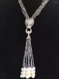 Chains Natural Genuine Crystal White South Sea Pearl Pendant Necklace 33'' Silver Tassel Vintage