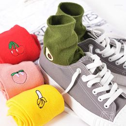 Women Socks Korean Women's Kawaii Embroidery Fruit Knee Cute Female Avocado Banana Cherry Peach Cartoon Long Sock Pink Cotton