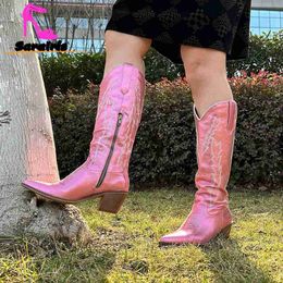 Boots Western Boots For Women 2023 Shiny Pink Zip Embroidery Cowboy Boots Autumn Winter Cowgirl Mid Calf Boots Great Quality Boots L230712