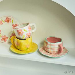 Mugs Mug Ceramic Cute Flower Cup Saucer Coffee Cup Tea Cup Dish Set Mug Hand Painted Coffee Mugs R230712