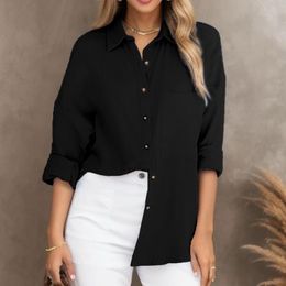Women's Blouses Womens Button Down Shirt Casual Roll Up Sleeves Tops Loose Cotton Linen Work Blouse Solid Color T V Neck 3/4 Sleeve Tee