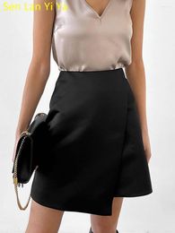 Skirts Sen Lan Yi Ya Office Elegant Black For Woman 2023 Summer Fashion Satin Asymmetrical A-Line Skirt Slim Pink Short