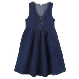 Girl's Dresses kids girls fall autumn denim jeans midi jumper dress 6 to 16 years child fashion V neck cotton buttoned overall dresses clothingHKD230712