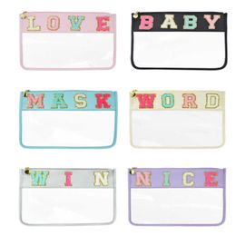 cosmetic bag clear Embroidery Letters Clear Flat Nylon Pouch Bag Accessories Portable Waterproof With Metal Zipper Pouches Storage Case For Party Gift