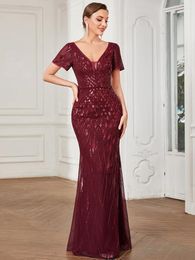 Party Dresses Elegant Evening Short Sleeve V-Neck Mermaid Floor-Length Sequin Gown 2023 Ever Pretty Of Burgundy Prom Women Dresss