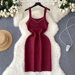 Casual Dresses Gagaok Knitted Dress 2023 Women's Beaded V-Neck Slim Fit Bodycon Inner And Outer Wear Strap Vestidos
