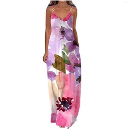 Casual Dresses 2023 Floral Printing V-neck Strap Long Bohemian Sleeveless Women Summer Beach Travel Party Dress