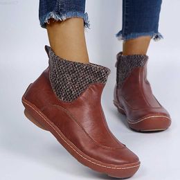 Boots 2021 Spring Women Ankle Boots Knit Pu Patchwork Retro Boots Female Woman Round Heel Flat Shoes Autumn Comfortable Zipper Shoe L230712