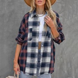 Women's Blouses Womens Plaid Print Lapel T-shirts Loose Pocket Long Sleeve Button Down Shirt Jacket Spring Autumn Vintage Cotton Tops Tee