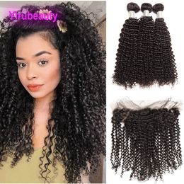 Kinky Curly Peruvian Human Hair Wefts With 13X6 Lace Frontal Baby Hair Kinky Curly Natural Colour 10-24inch Yirubeauty 4 PCS