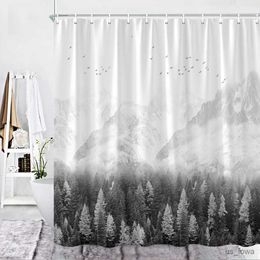 Shower Curtains Natural Bathroom Decor Shower Curtain Grey White Mountains Birds Pine Forest Landscape Scenery Bathroom Curtains Fabric Washable