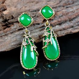 Dangle Earrings Vintage Dark Green Stone Water Drop For Women Jewelry Gold Color Cubic Glass Filled Circle Bride Wedding