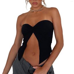 Women's Tanks Womens Ruched Twisted Knot Tube Tops Strapless Backless Front Split Bandeau Tank Top Summer Solid Slim Skinny Corset