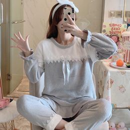 Women's Sleepwear WAVMIT Autumn Winter Women Warm Flannel Pyjama Set Thicken Girl Print Lace Pyjama Long Sleeve Homewear