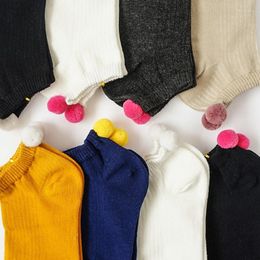 Women Socks Korean Cute Girl Candy Color Ankle With Fur Ball Female Funny Lolita Cotton Short Sock