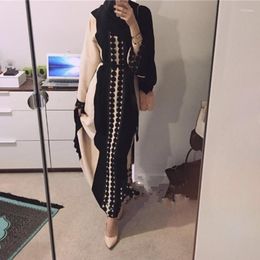 Ethnic Clothing Women Muslim Long Sleeve Maxi Dress Lace Polka Stitching Islamic Middle East Dubai Robe Contrast Colour Belted Drop