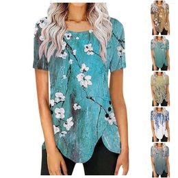 Women's T Shirts 2023 Summer Top Casual Short Sleeve Long Round Neck Side Button Printed Versatile Slim Fit