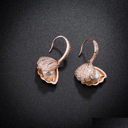 Dangle Chandelier Fan Shell Pearl Earring 18K Real Gold Plated Prevent Allergy Earrings For Women Gril Gift Freshwater Natural Pea Dhbte