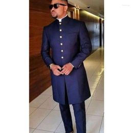 Men's Suits Africa Style Men Dark Blue Stand Collar Formal Casual Business Official Wear Costume Homme 2 Pieces Set Long Coat Pant