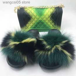 Slippers Wholesale Jelly Purses With Slipper Shoes Women Custom Crossbody Bag Fox Fur Slides Sets Jelly Bag With Real Fox Fur Slippers T230712