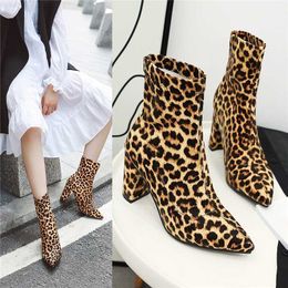 Boots YQBTDL Autumn Spring High Heels Stretch Sock Boots Leopard Print Plaid Silver Slip on Ankle Womens Boots Pointed Toe Footwear L230712