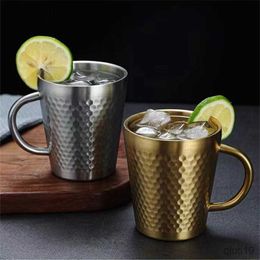 Mugs Creative Hammer Texture Coffee Beer Mug with Handle Stainless Steel Tumbler Double Wall Tea Drinks Cups Home Bar Drinkware R230712