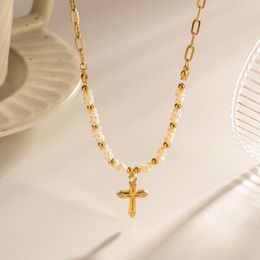 Pendant Necklaces Gothic Stainless Steel Beads Pearl Necklace Gold Colour Metal Cross Choker For Women Girls Minimalist Summer Punk Jewellery