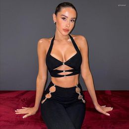 Women's Tanks Rhinestones Hollow Chest Women Cropped Tops Hanging Neck Low Cut Black Summer Partywear Cleavage Clubwear Bar Date Clothing
