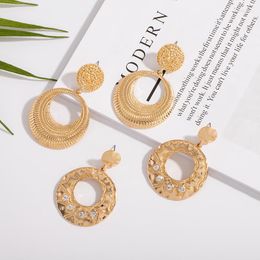 Dangle Earrings Korean Fashion Women Circular Texture Vintage Jewellery Exaggerate Geometry Double Circle Inlaid Brick Piercing