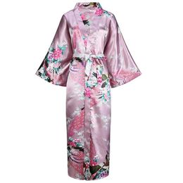 Long Style Loose Japanese Satin Peacock Woman Yukata Dress Sleepwear Oriental Kimono Haori Chinese Qipao Nightgown Robe293d