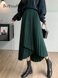 Skirts Beiyingni Women's Midi Fold Skiing Asymmetric Slim Elastic Waist Retro Korean A-line Skiing Fashion Black Unique Skiing 230711