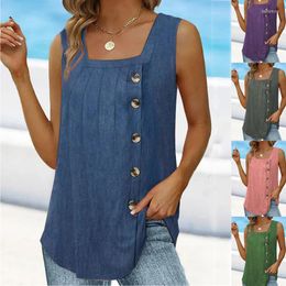 Women's Tanks Summer Square Collar Solid Color Sleeveless Vest Buttons Casual Comfortable Pullover Daily Weekend Basic Tank T-shirt