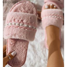 Slippers 2022 Winter New House Women Fluffy Slippers Faux Pearl Lace Edge Sexy Ladies Slippers Non-Slip Bedroom Girls Plush Shoes T230712