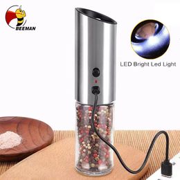 Mills BEEMAN Automatic Salt Pepper Grinder Electric Spice Mill With LED Lamp Adjustable Coarseness Kitchen Tools Grinding For Cooking 230711