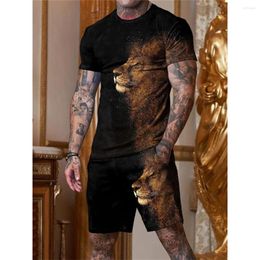 Men's Tracksuits T-shirt Set 3D Fierce Lion Print Streetwear Oversized Short Sleeve Shorts Sportswear Summer Male Clothing