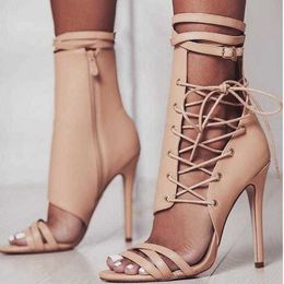 Sandals Summer Design Hollow Out Cross-tied Lace Up Boots Sexy Peep Toe Zip Buckle Strap Stiletto Heels Shoes 230417