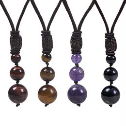 16MM Natural Amethyst Pendant Necklace Red Tiger Eye Stone Obsidian Necklace for Men Women Jewellery