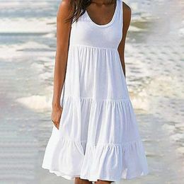 Casual Dresses Women O Neck Sleeveless Ruffles Mini Dress Boho Solid Beach Sundress Oversized Loose 2023 Summer