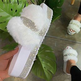 Slippers Luxury Designer Women Fur Rhinestone Slippers Platform Wedges Heel Solid Fluffy Furry Slides Outside Sexy Shoes Ladies T230712