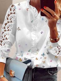 Women's Blouses Shirts Fashion Women Elegant Blouse Butterfly Print Lace Shirt Top Ruffled Casual Long Lace Sleeve White Blouse Shirt Blusa Feminina L230712