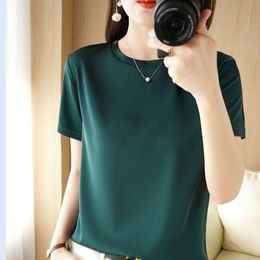 Women's TShirt Silk Short Sleeve Ladies ONeck Satin Tops Loose Pullovers Summer Base Shirt Thin Tank Top Inside 230711