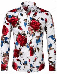 Men's Casual Shirts Red Rose Hawaiian Floral Print Men Fashion Shirt Long Sleeve Beach Blouse White Clothing Vocation