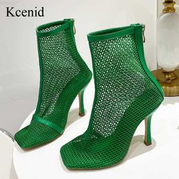 Boots Kcenid Spring Summer New Sexy Mesh Ankle Boots Women Square Toe Stiletto Heels Fashion Zip Ladies Party Shoes Green Size 35-41 L230712