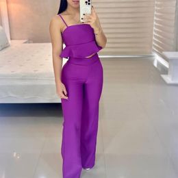 Women's Leggings Elegant All-Matching Solid Suits Sexy Sleeveless Ruffle Blouse And Straight Pant Outfits Women Fashion High Waist Two Piece