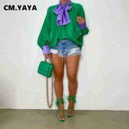 Women's Blouses Shirts CM.YAYA Elegant Women Bow Neck Lantern Long Sleeve Patchwork Satin Blouse Top for 2022 Streetwear Chic Green Pink Shirt Tops L230712