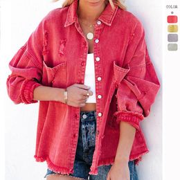 Women's Jackets Women Pocket Single-breasted Denim Coat Korean Solid Colour Loose Long Sleeve Womens Streetwear Ladies Tops Coats